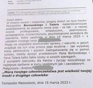 treść podziękowań od rodziny mężczyzny dla policjantów