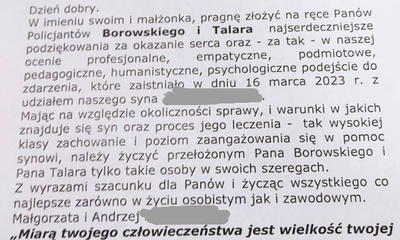 treść podziękowań od rodziny mężczyzny dla policjantów