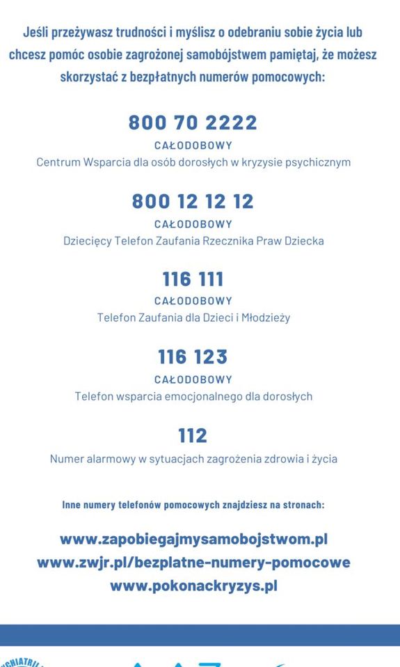 Zdjęcie przedstawia niebieską ramkę z informacją dla osób potrzebujących wsparcia.