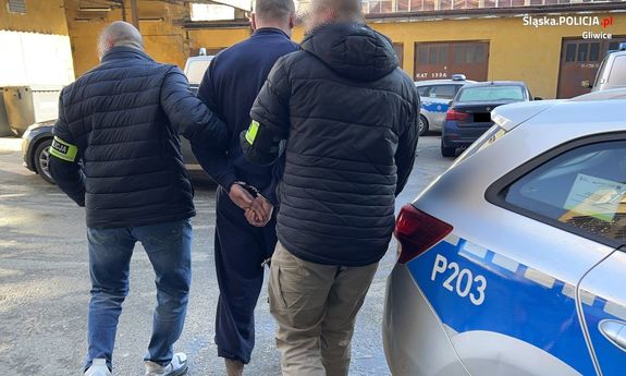Zdjęcie przedstawia dwóch nieumundurowanych policjantów, którzy prowadzą pomiędzy sobą zatrzymanego mężczyznę. Mężczyzna ten ma kajdanki założone na rękach trzymanych z tyłu.