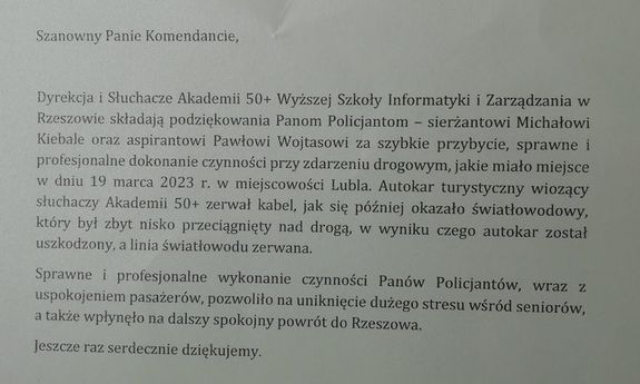 treść podziękowań dla policjantów