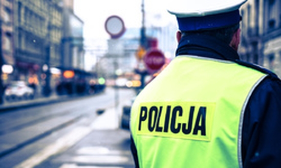 Zdjęcie przedstawia umundurowanego policjanta stojącego przy drodze
