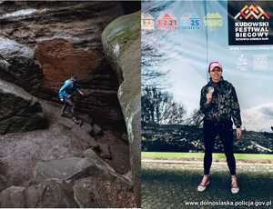 Zdjęcie składa się z dwóch osobnych zdjęć. Pierwsze przedstawia kobietę chodzącą po skałach, na drugim kobieta pozuje z medalem na tle bilbordu