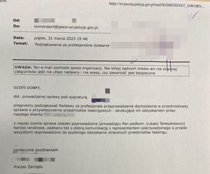 Skan podziękowań z wiadomość e-mail. Treść w załączonej deskrypcji