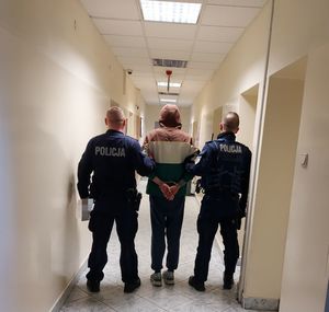dwaj policjanci z zatrzymanym mężczyzna zakutym w kajdanki na korytarzu