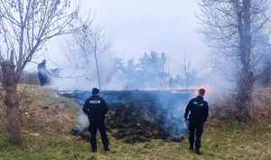 trzej policjanci na skraju palącej się łąki, jeden trzyma w ręku gaśnicę