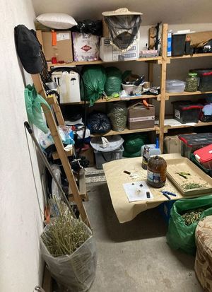 wnętrze garażu w którym widać suszącą się marihuanę i narkotyki znajdujące się na półkach w różnych opakowaniach