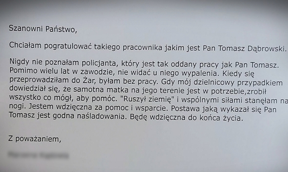 treść podziękowań dla policjanta