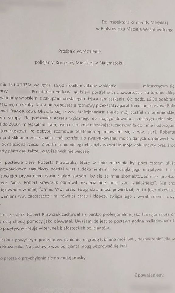 Zdjęcie przedstawia podziękowania dla policjanta adresowane do jego komendanta.