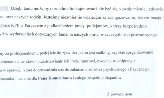 treść podziękowań dla policjantów