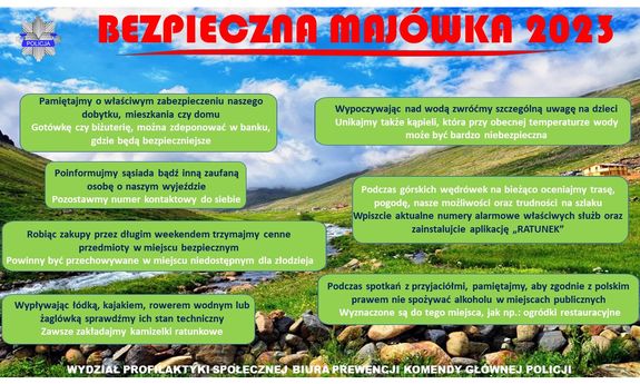 Grafika przedstawiająca górskie zbocza, strumyk z kamieniami i błękitne niego. Na niej naniesione są porady na bezpieczną majówkę przygotowane przez Biuro Prewencji Komendy Głównej, które zawarte są w tekście