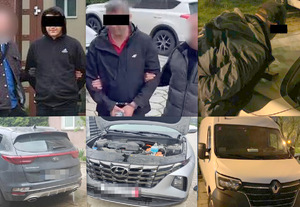 Kolaż zdjęć na których widać zatrzymanych mężczyzn oraz skradzione auta
