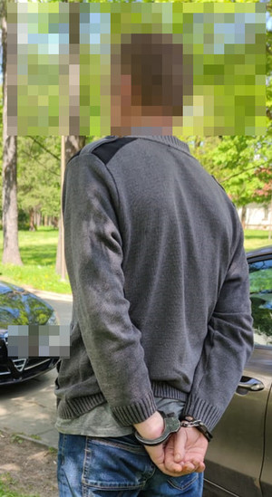zatrzymany z kajdankami na ręce trzymane z tyłu, stojący tyłem do zdjęcia, w tle park i po części widoczne zaparkowane dwa auta