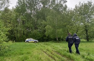dwóch umundurowanych policjantów idących w kierunku lasu. W tle radiowóz policyjny i las