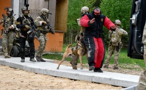 kontrterroryści wyprowadzają zatrzymanego  zbudynku