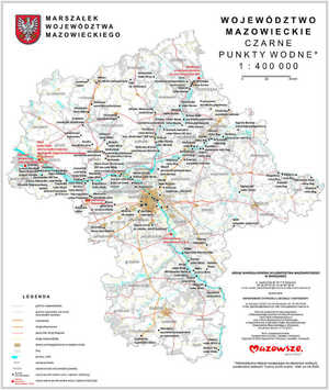 mapa województwa mazowieckiego z zaznaczonymi czarnymi punktami wodnymi