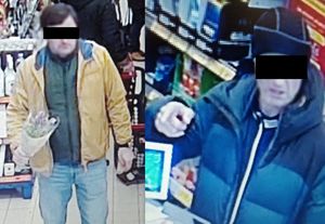 Zdjęcie z monitoringu sklepowego, na którym widać włamywaczy w sklepie. Mężczyzna po lewej trzyma w ręku kwiaty