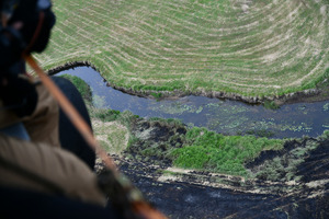 Policyjny Black Hawk pomógł strażakom w akcji gaszenia pożaru łąk w Biebrzańskim Parku Narodowym - widok z helikoptera