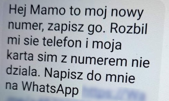zdjęcie z ekranu telefonu pokazujący wiadomość od oszusta
