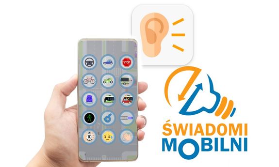 Obrazek na którym widoczna jest dłoń trzymająca smartfona, symbol ucha oraz logo programu świadomi mobilni