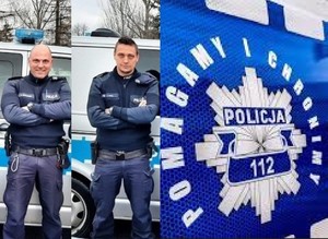 kolaż trzech zdjęć, na dwóch od lewej znajdują się umundurowani policjanci, na trzecim policyjna gwiazda z napisem 112 i napisem wokół gwiazdy: Pomagamy i chronimy