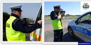 Kolaż dwóch zdjęć na których policjanci ruchu drogowego asp. Marcin Dąbkowski i sierż. szt. Łukasz Mieczkowski, kontrolują kierowców