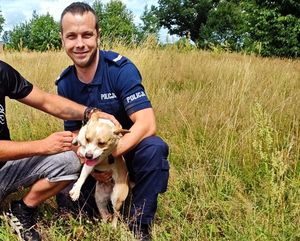umundurowany policjant z uratowanym psem
