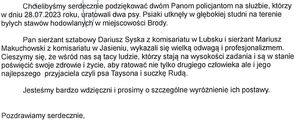 treść podziękowań dla policjantów za uratowanie psów