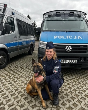 Policjantka Zespołu Przewodników Psów Służbowych Komendy Miejskiej Policji w Łodzi ze swoim psem przed radiowozem