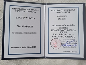 legitymacja otrzymana z medalem