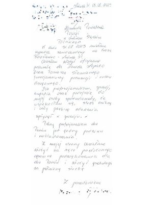 Zdjęcie listu z podziękowaniami dla policjantów. Deskrypcja listu z podziękowaniami w załączniku