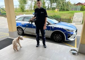 Policjant przy radiowozie z uratowanym psem na smyczy
