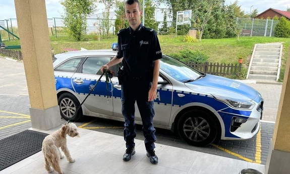 Policjant przy radiowozie z uratowanym psem na smyczy