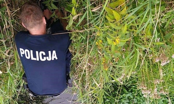 policjant wchodzi do rowu porośniętego roślinnością i wypełnionego wodą