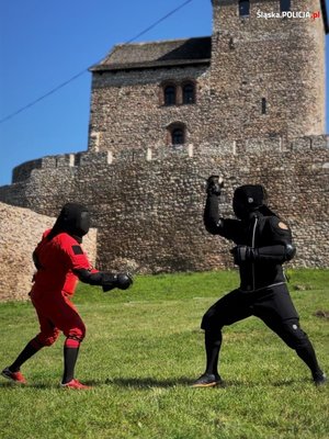 Widoczni dwaj walczący na łące szermierze, w tle mury zamku