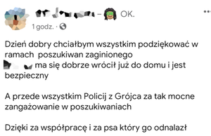 zrzut ekranu z wiadomością zawierająca podziękowania dla policjantów