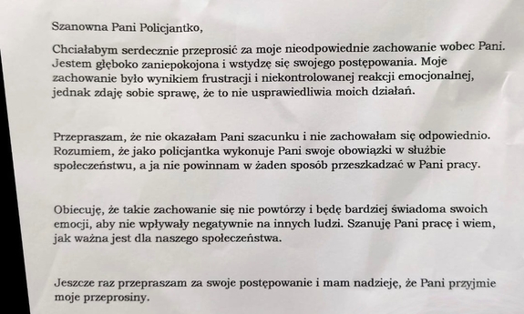 zdjęcie listu z przeprosinami dla policjantki