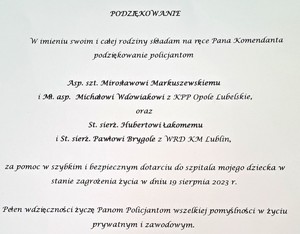 zdjęcie listu z podziękowaniami dla policjantów