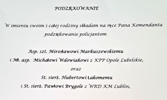 zdjęcie listu z podziękowaniami dla policjantów