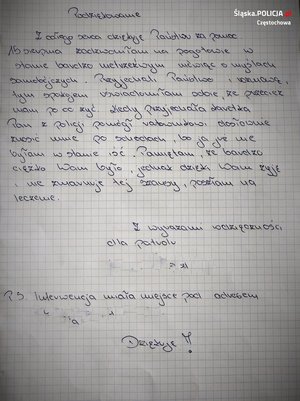 zdjęcie listu z podziękowaniami dla policjantów