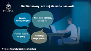 Grafika ma biały tekst &quot;Muł finansowy: nie daj się oszukać&quot;. Poniżej mężczyzna siedzi przy biurku i pisze coś na laptopie. Od laptopa idą 4 chmurki z tekstami. 
1. Szybkie, łatwe pieniądze.
2. Jeśli mnie kochasz, zrobisz to.
3. Świetna szansa na pracę.
4. Potrzebuję Twojej pomocy.