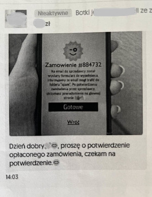 Screenshot z telefonu dot. potwierdzenia zamówienia