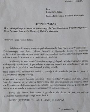 treść podziękowań dla policjantów