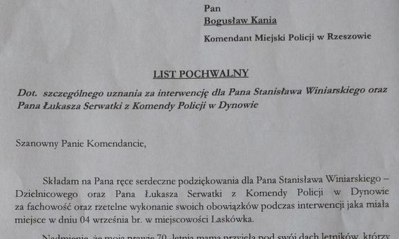 treść podziękowań dla policjantów