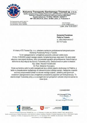 treść podziękowań dla policjantów