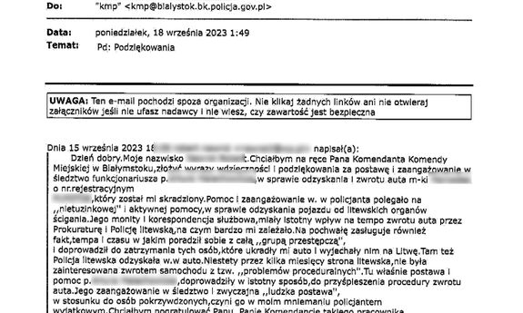 Podziękowanie dla policjanta