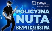 grafika przedstawia policjanta grającego na gitarze, w tle nuty, n pierwszym planie napis policyjna nuta bezpieczeństwa. Na dole grafiki napis bezpieczeństwo dzieci w rytm muzyki z policją