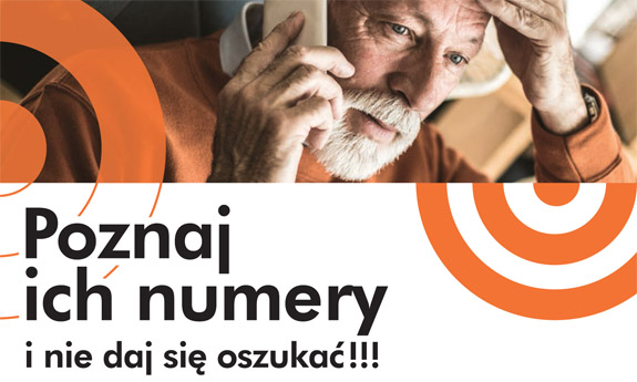 Starszy mężczyzna rozmawia przez telefon, pod spodem napis Poznaj ich numery i nie daj się oszukać.
