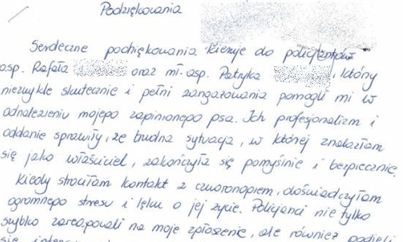 zdjęcie fragmentu listu z podziękowaniami dla policjantów