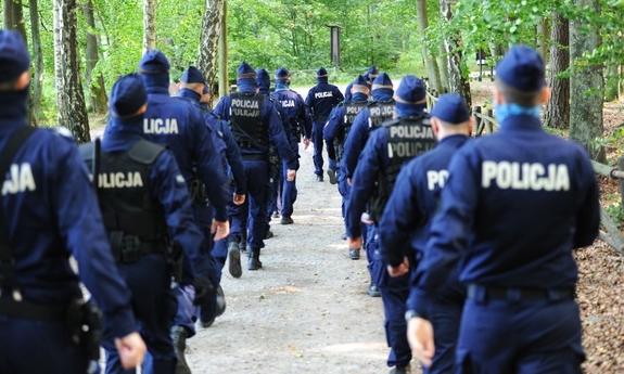 Policjanci idą drogą leśną